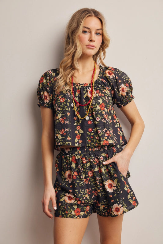 Secret Garden Cotton Puff Sleeve Top + Shorts Set