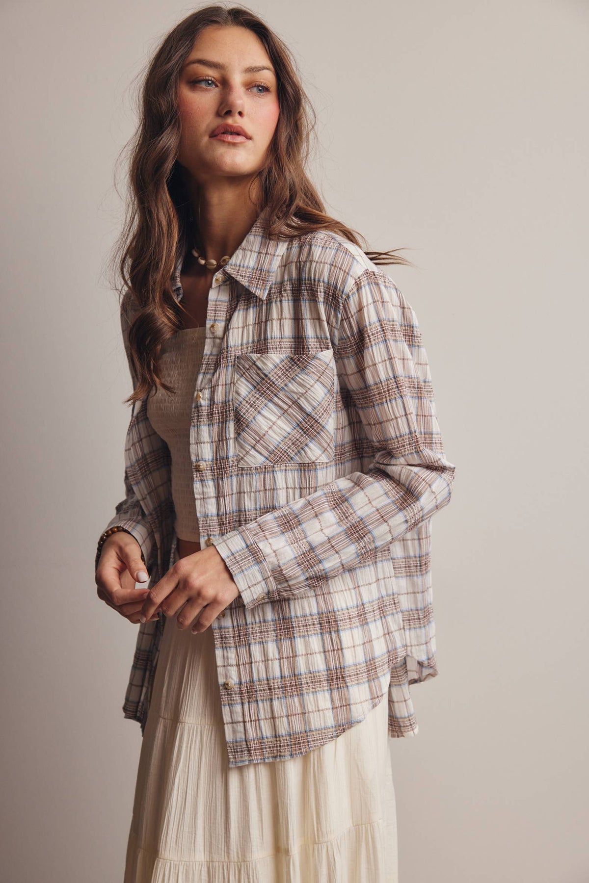 Toasted Marshmallow 100% Cotton Lightweight Plaid Button Up