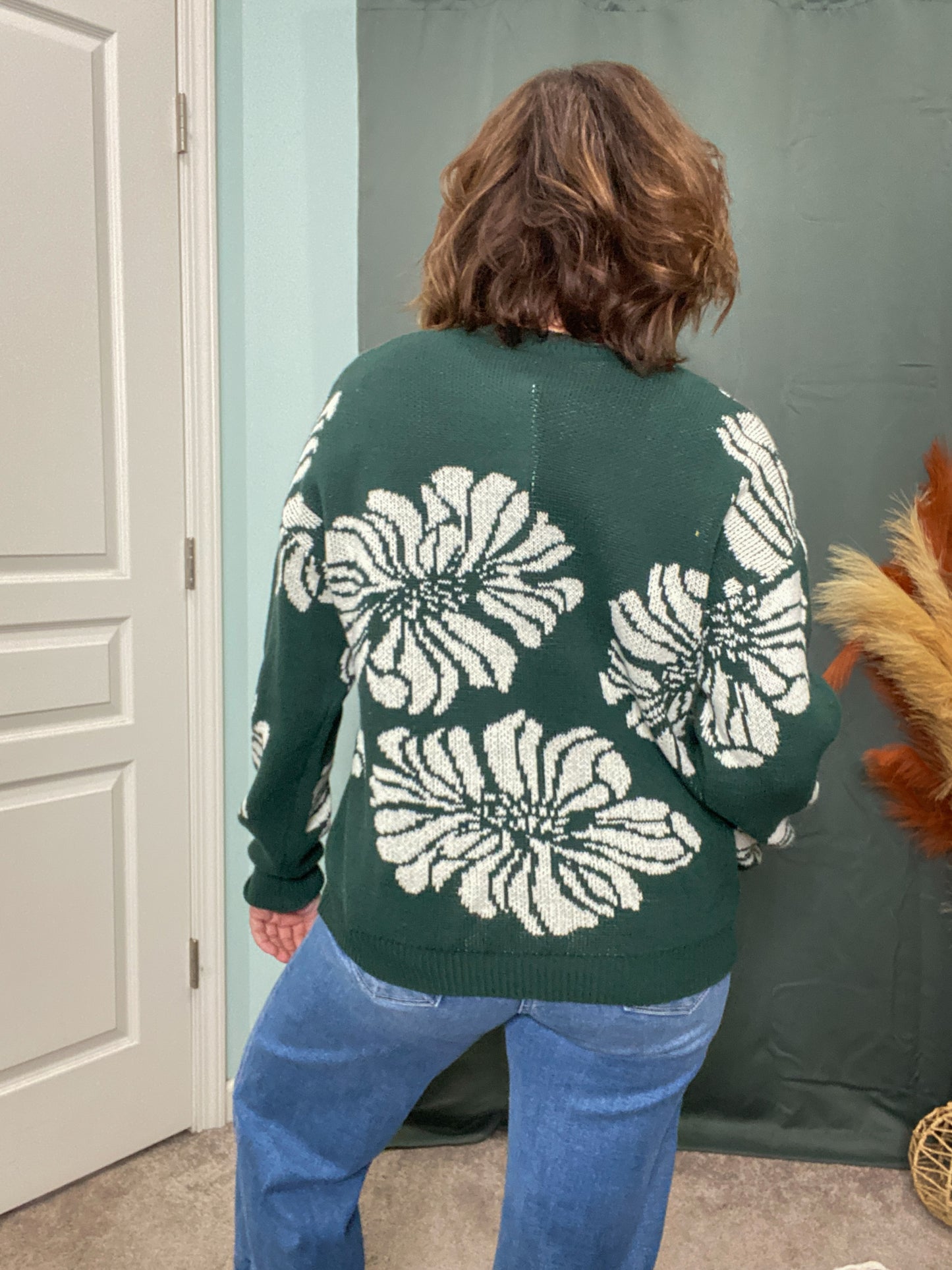 Merida Cotton Floral Knit Sweater in Hunter Green