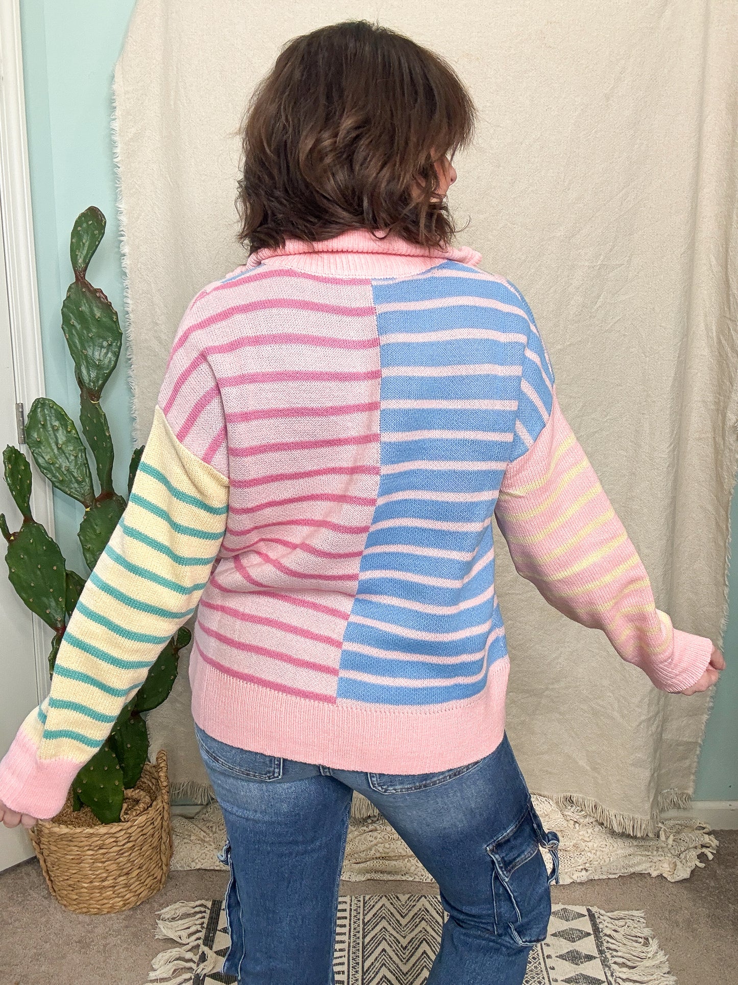 Elle Multi Color Stripe Half Zip Oversize Knit Sweater