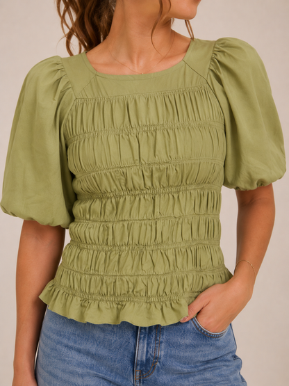 Going Places 100% Cotton Smocked Puff Sleeve Blouse