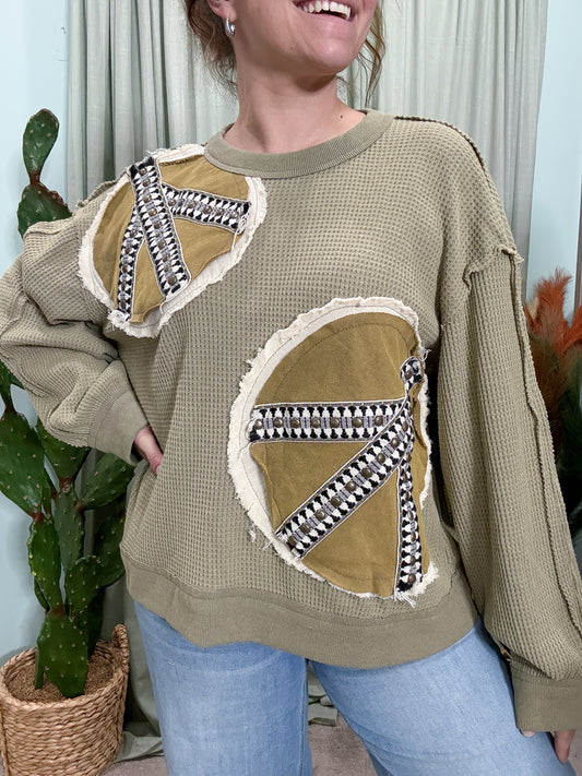 Peace Out Oversized Patchwork Long Sleeve Thermal Top