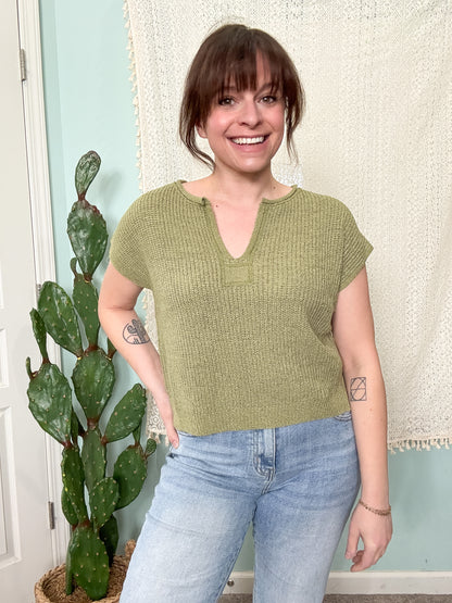 Green Goddess Olive Split Neck Short Sleeve Sweater