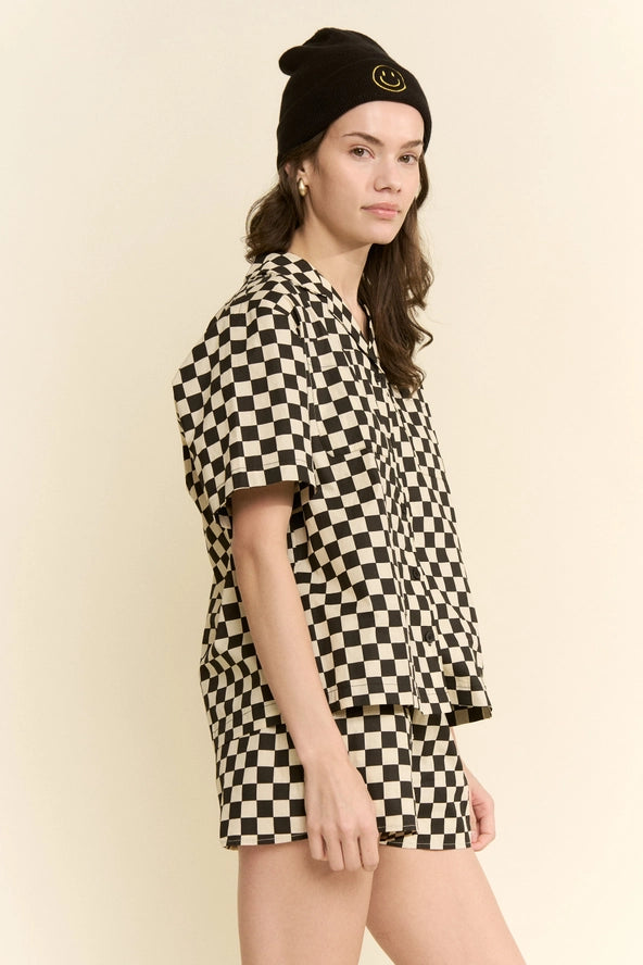 Final Lap 100% Cotton Checkerboard Camp Collar Button Up Shirt