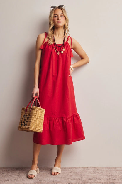 Red Hot Summer Cotton + Linen Open-Back Midi Dress