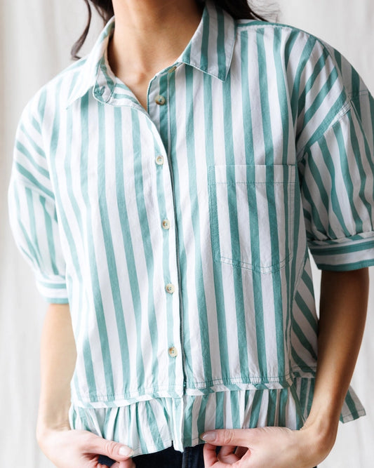 Hamptons 100% Cotton Teal + White Stripe Short Sleeve Button Up Blouse