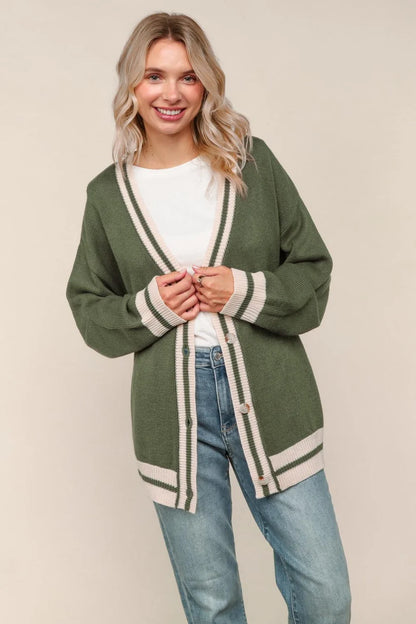 Seattle Olive Button Down Relaxed Boyfriend Cardigan
