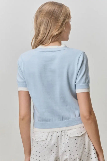 Clear Skies 2-Tone Cotton Blend Short Sleeve Cardigan
