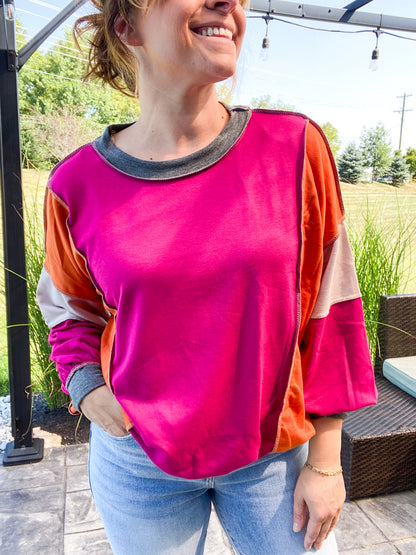 Setting Sun Color Block Reverse Season French Terry Long Sleeve Top