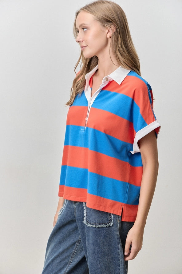 Varsity Blues Striped Cotton Blend Contrast Collared Shirt
