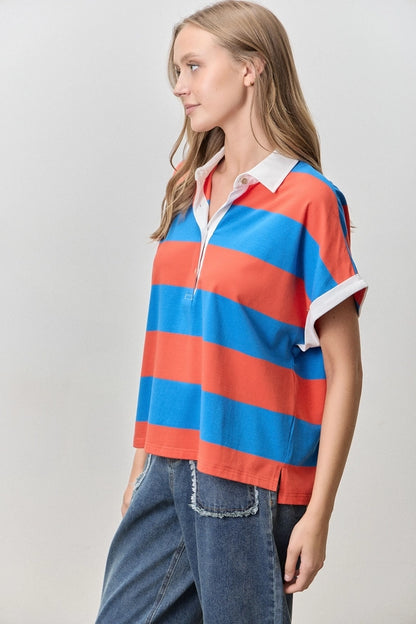 Varsity Blues Striped Cotton Blend Contrast Collared Shirt