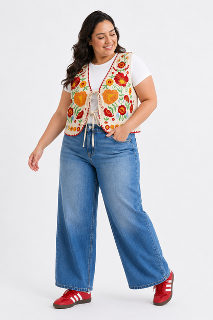 Spring Fling 100% Cotton Floral Embroidered Tie Vest