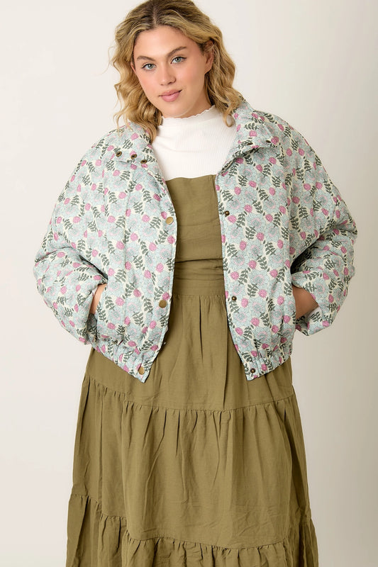 Field of Flowers Printed Puff Jacket with Snap Buttons