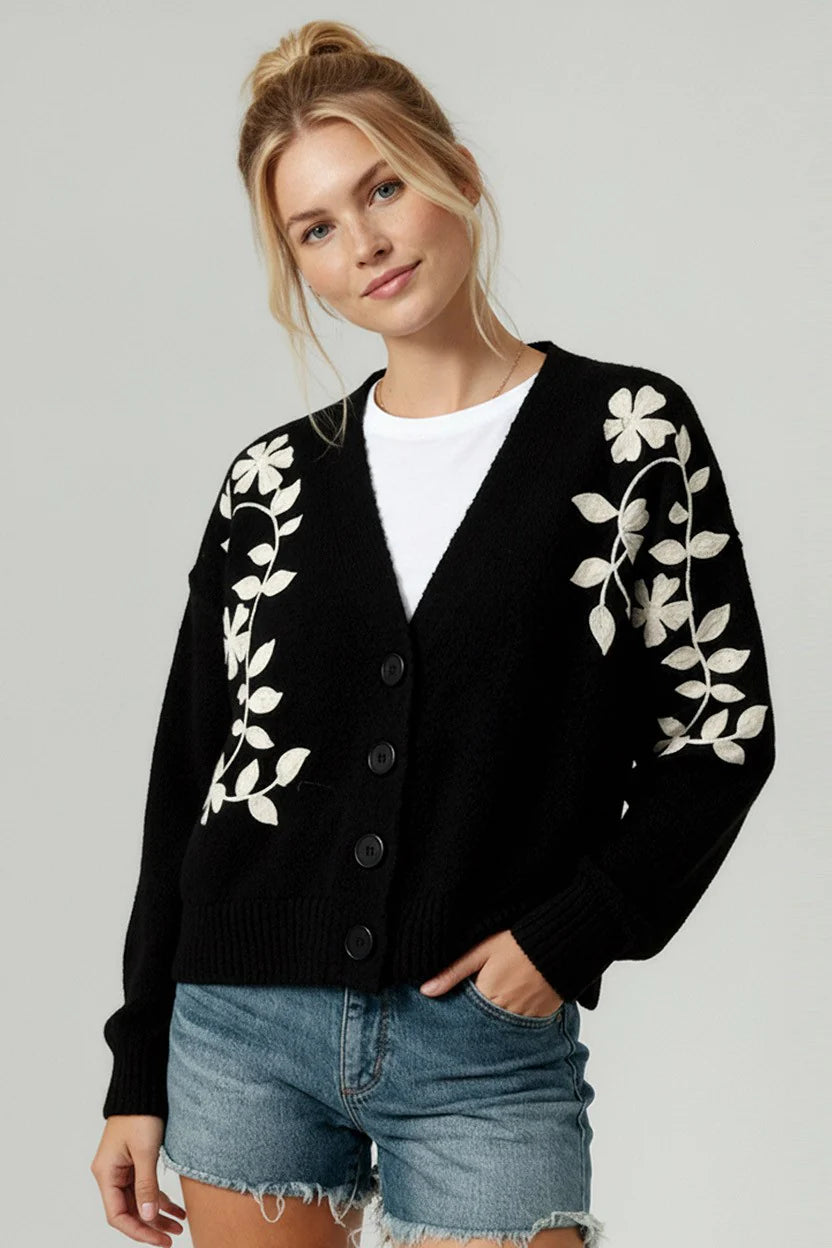 Winter Flower Button Up Floral Applique Cardigan