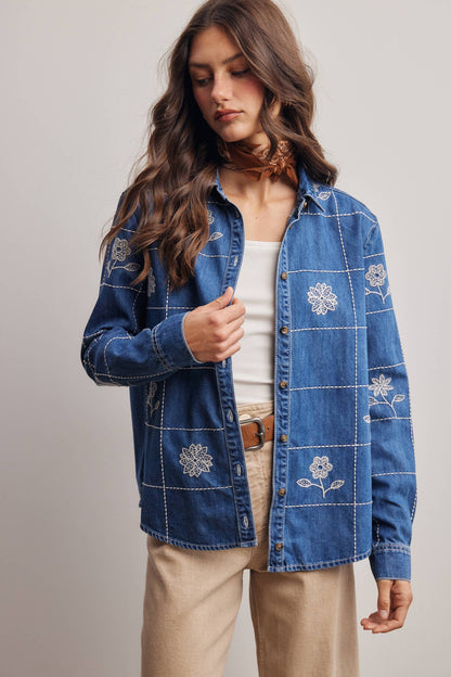 Wildflower 100% Cotton Stitched Denim Button Down