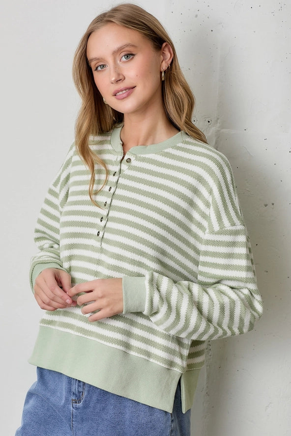 Soft Shades Green Striped Cotton Blend Henley Long Sleeve Top