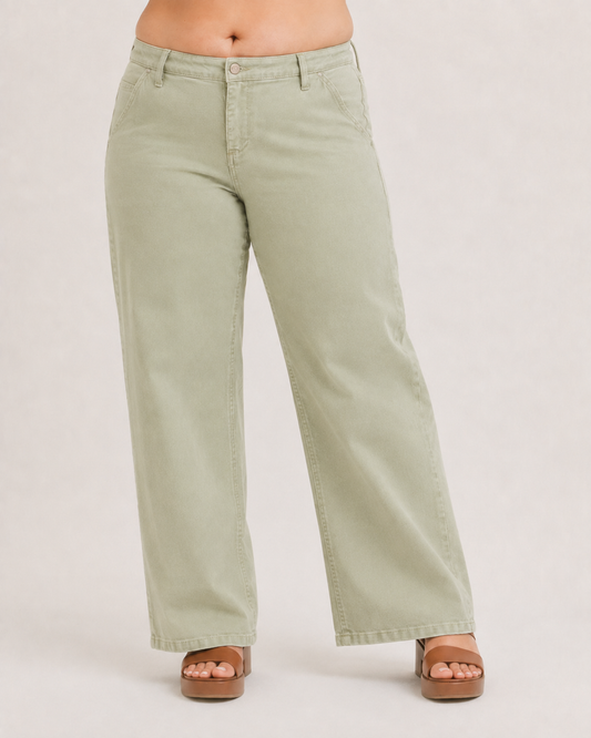 RISEN Denim Pistachio Latte Slouchy Wide Leg Jeans
