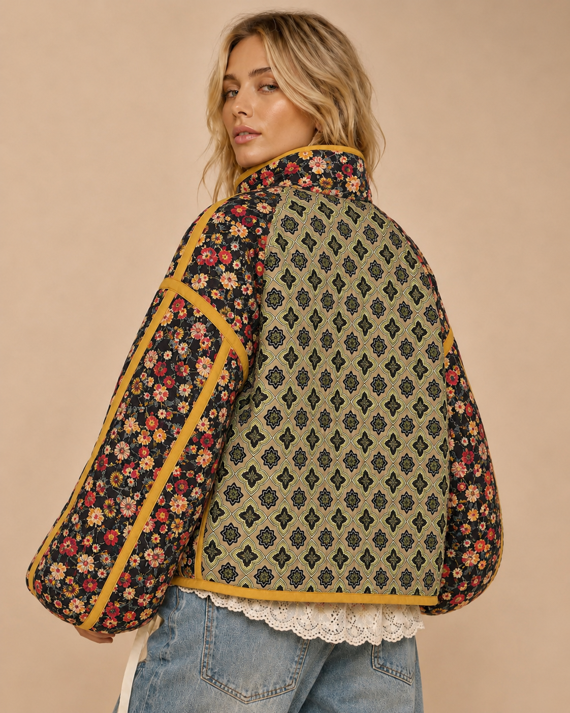 Dorne Patchwork Cotton + Linen Blend Quilted Bomber Jacket