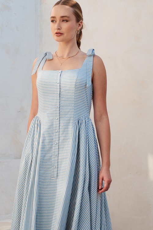 Mama Mia 100% Cotton Stripe Basque Waist Maxi Dress