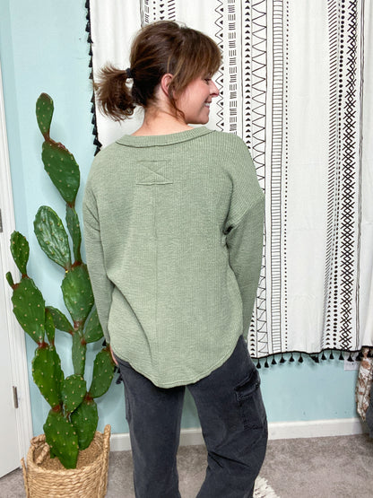 Let's Stay In Waffle Knit Long Sleeve Henley Knit Top