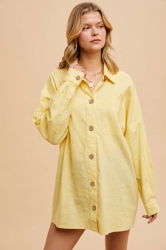 Calabasas Linen Blend Butter Yellow Oversized Button Down