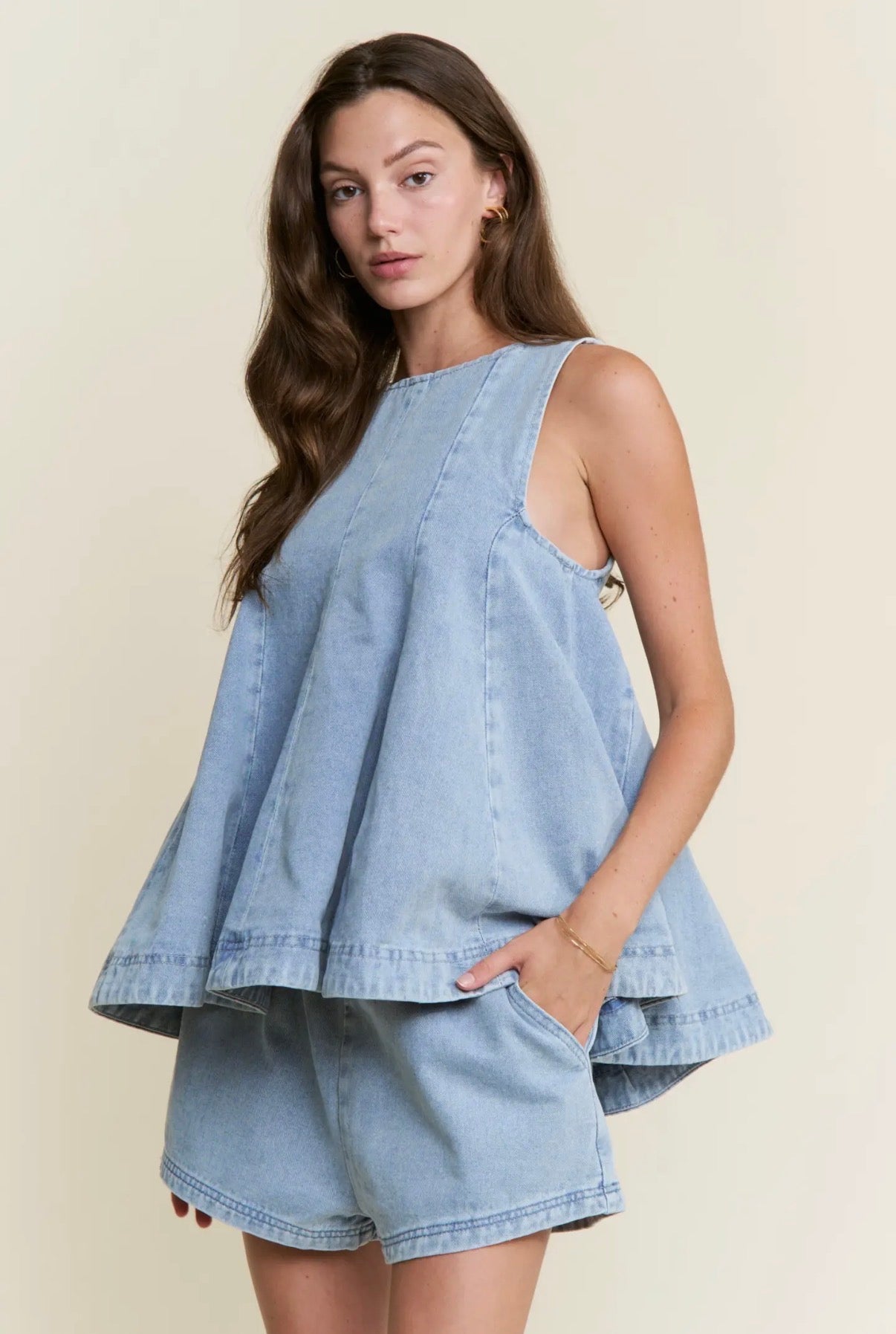 Dani Cotton Blend Denim Swing Tank & Shorts Set