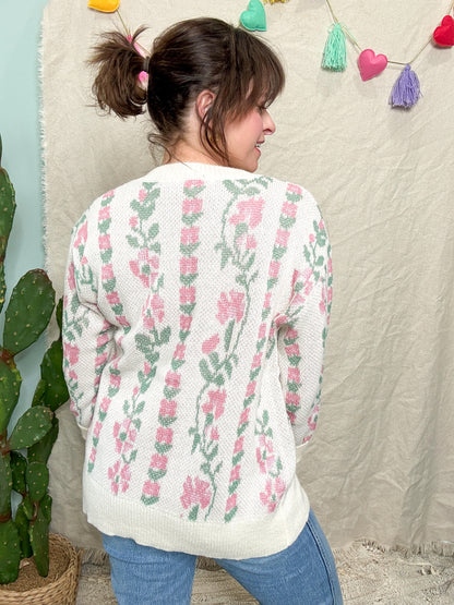 Emilie Floral & Vine Jacquard Knit Cardigan Sweater