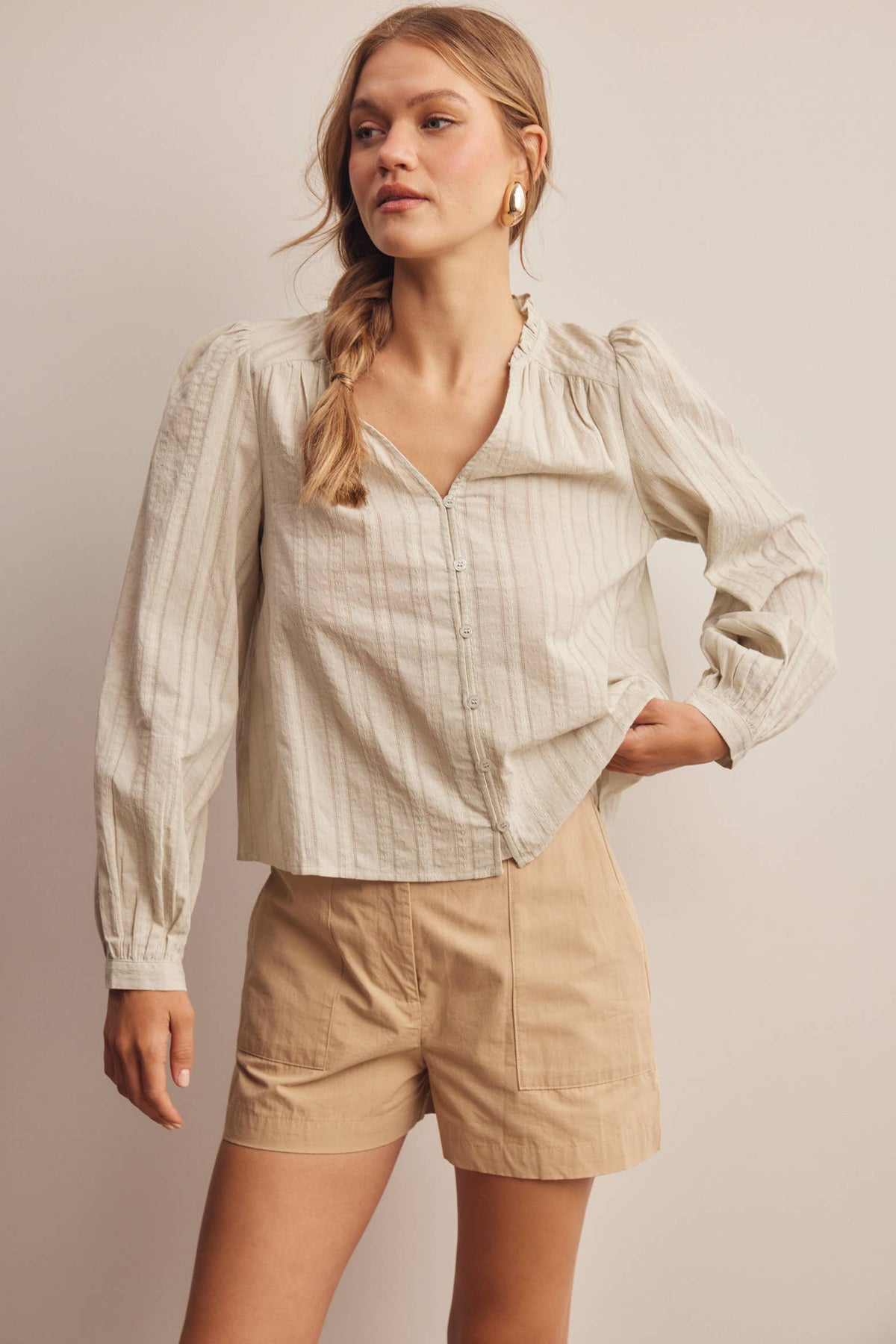 Cool Sage 100% Cotton V Neck Blouse