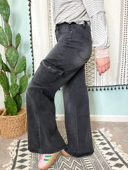 Sabrina High Waist Wide Leg Black Washed Cargo Jeans