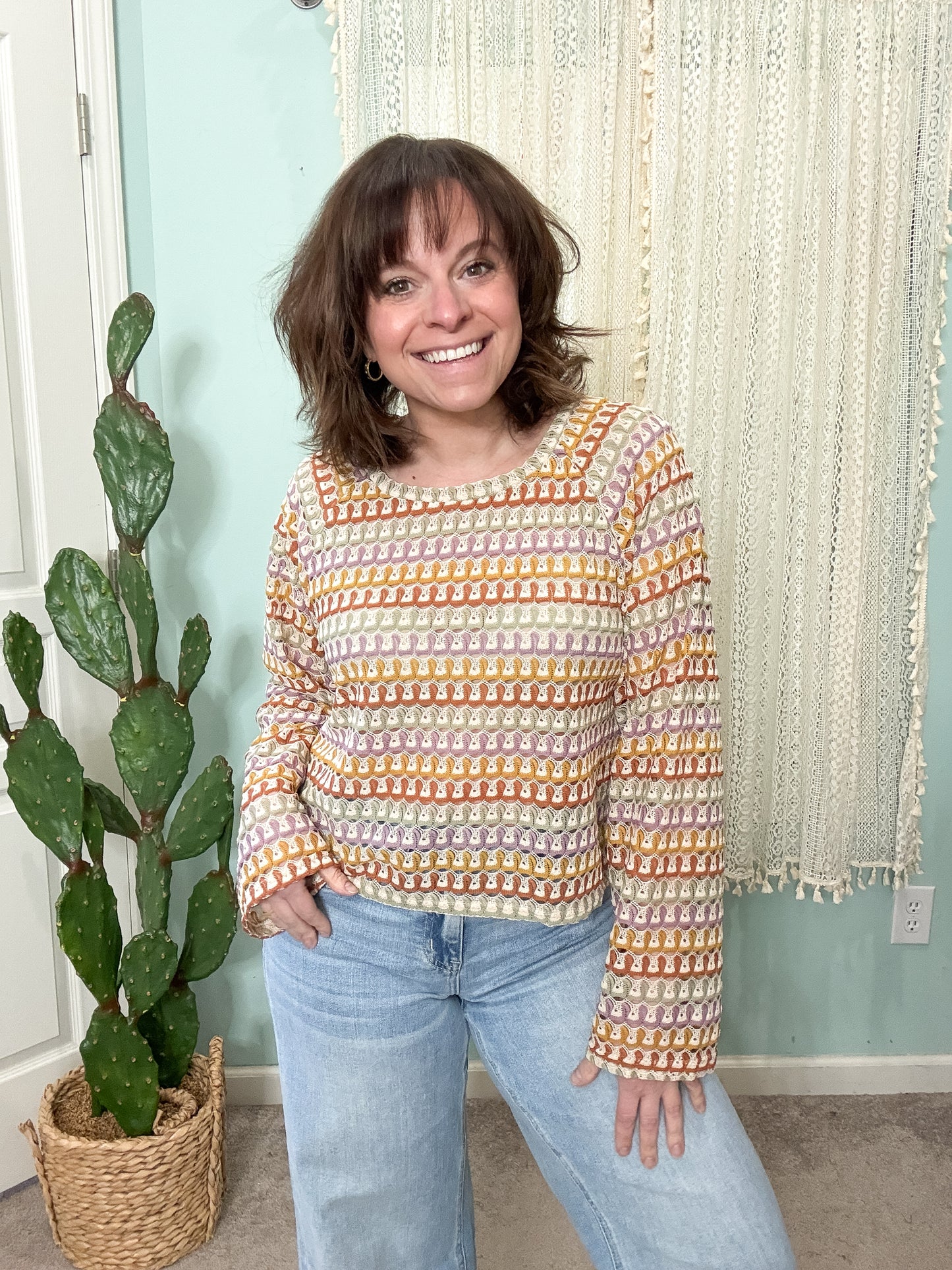 Come on Get Happy Loose Knit Multi Color Bell Sleeve Top