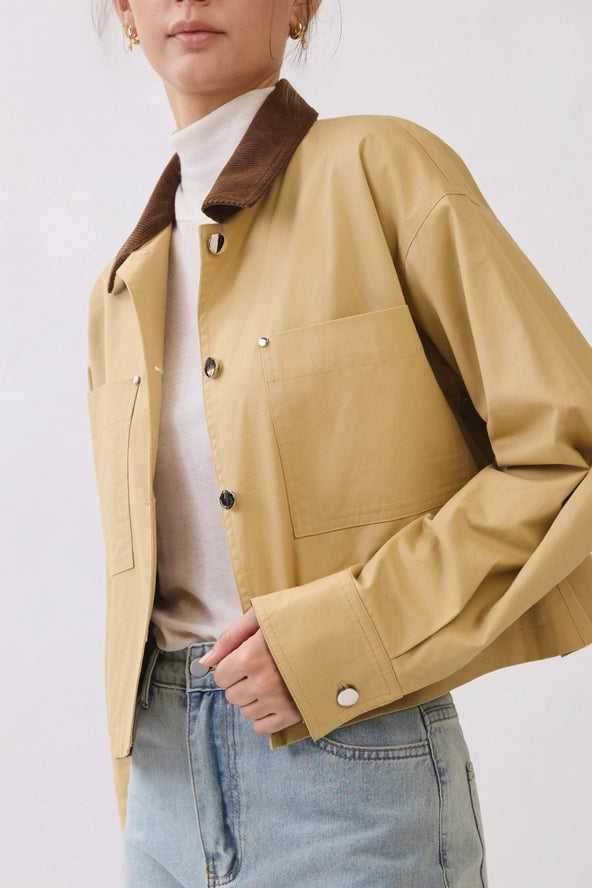 Cotton Barn Jacket with Contrast Corduroy Collar