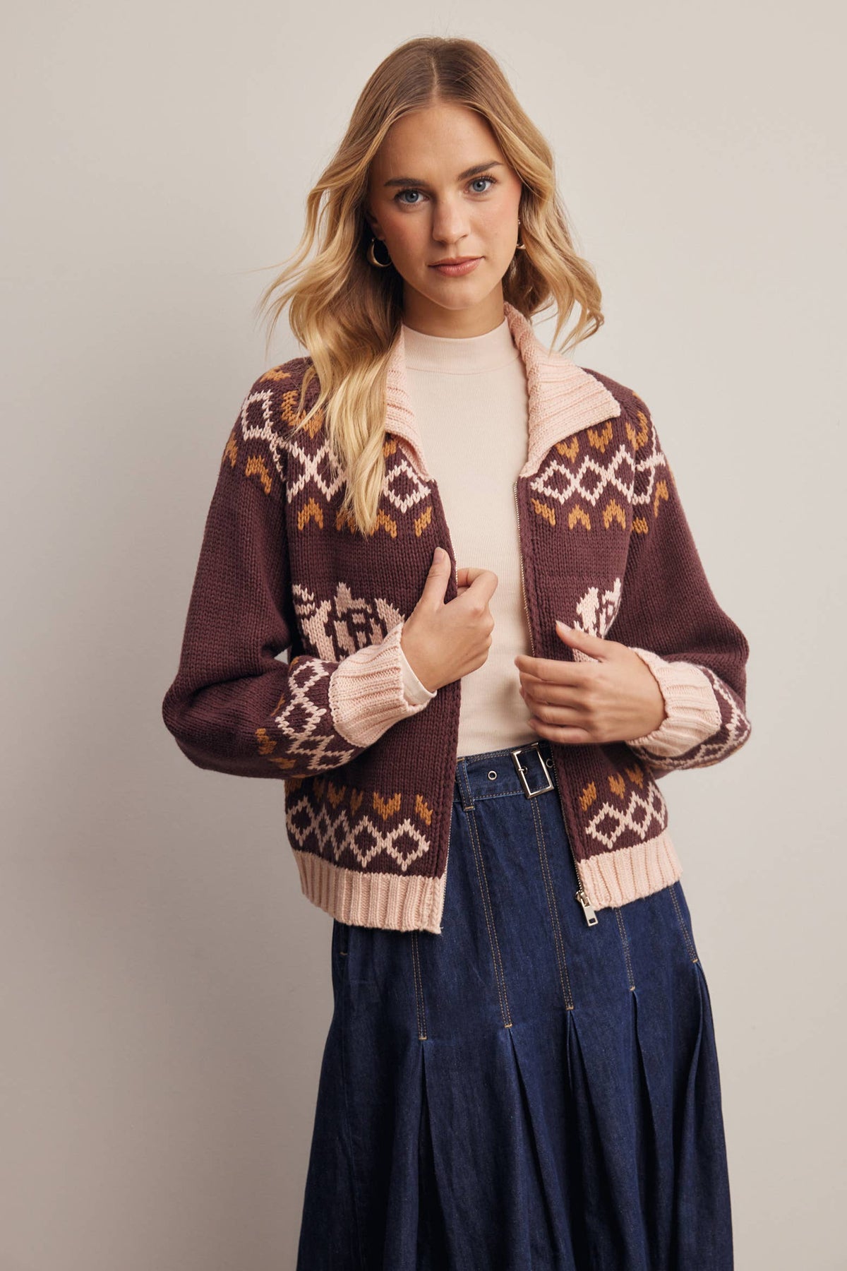 Fraulein Cotton Blend Floral Fair Isle Zip Cardigan Sweater