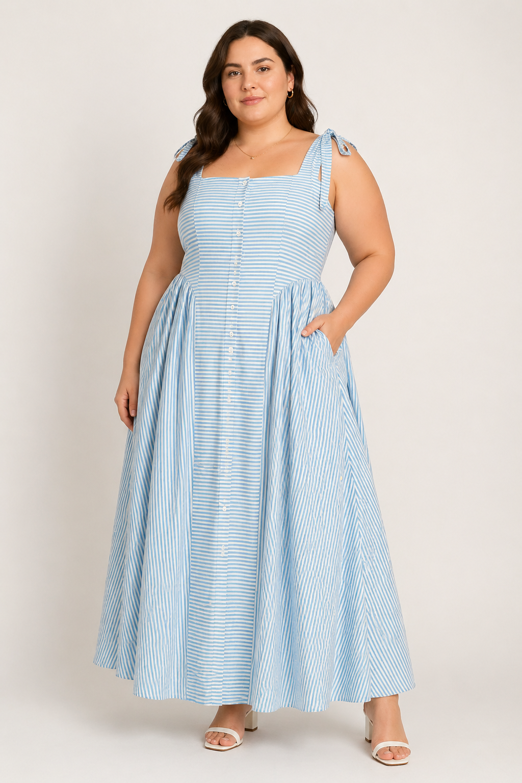 Mama Mia 100% Cotton Stripe Basque Waist Maxi Dress