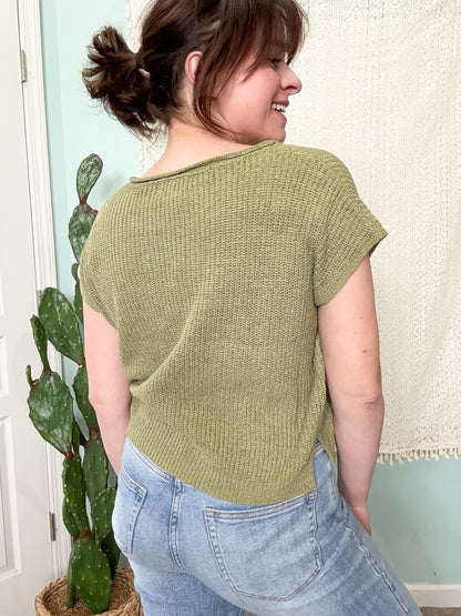 Green Goddess Olive Split Neck Short Sleeve Sweater