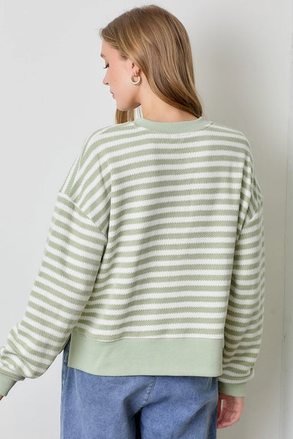 Soft Shades Green Striped Cotton Blend Henley Long Sleeve Top