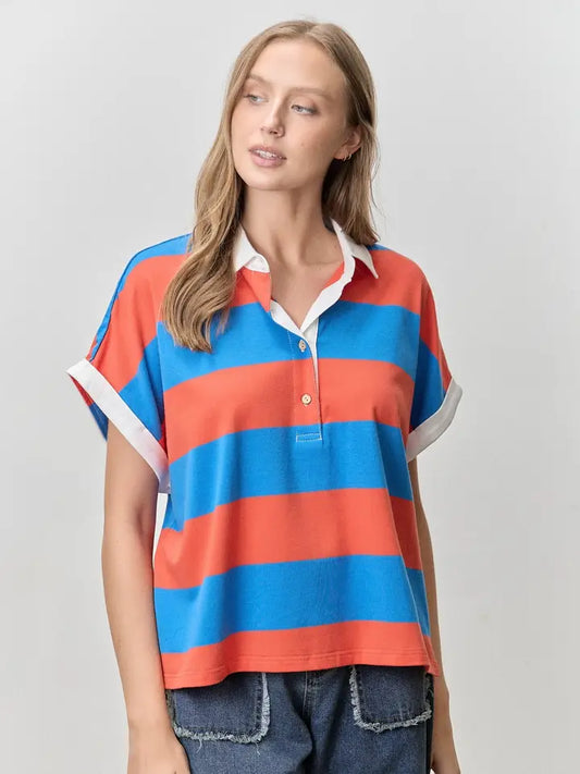 Varsity Blues Striped Cotton Blend Contrast Collared Shirt