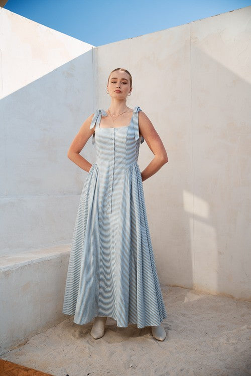Mama Mia 100% Cotton Stripe Basque Waist Maxi Dress