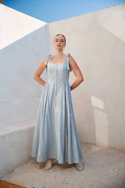 Mama Mia 100% Cotton Stripe Basque Waist Maxi Dress