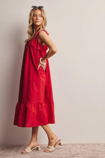 Red Hot Summer Cotton + Linen Open-Back Midi Dress