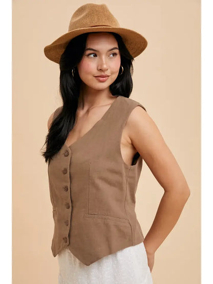 Napa Cotton Linen Blend Button Up Vest