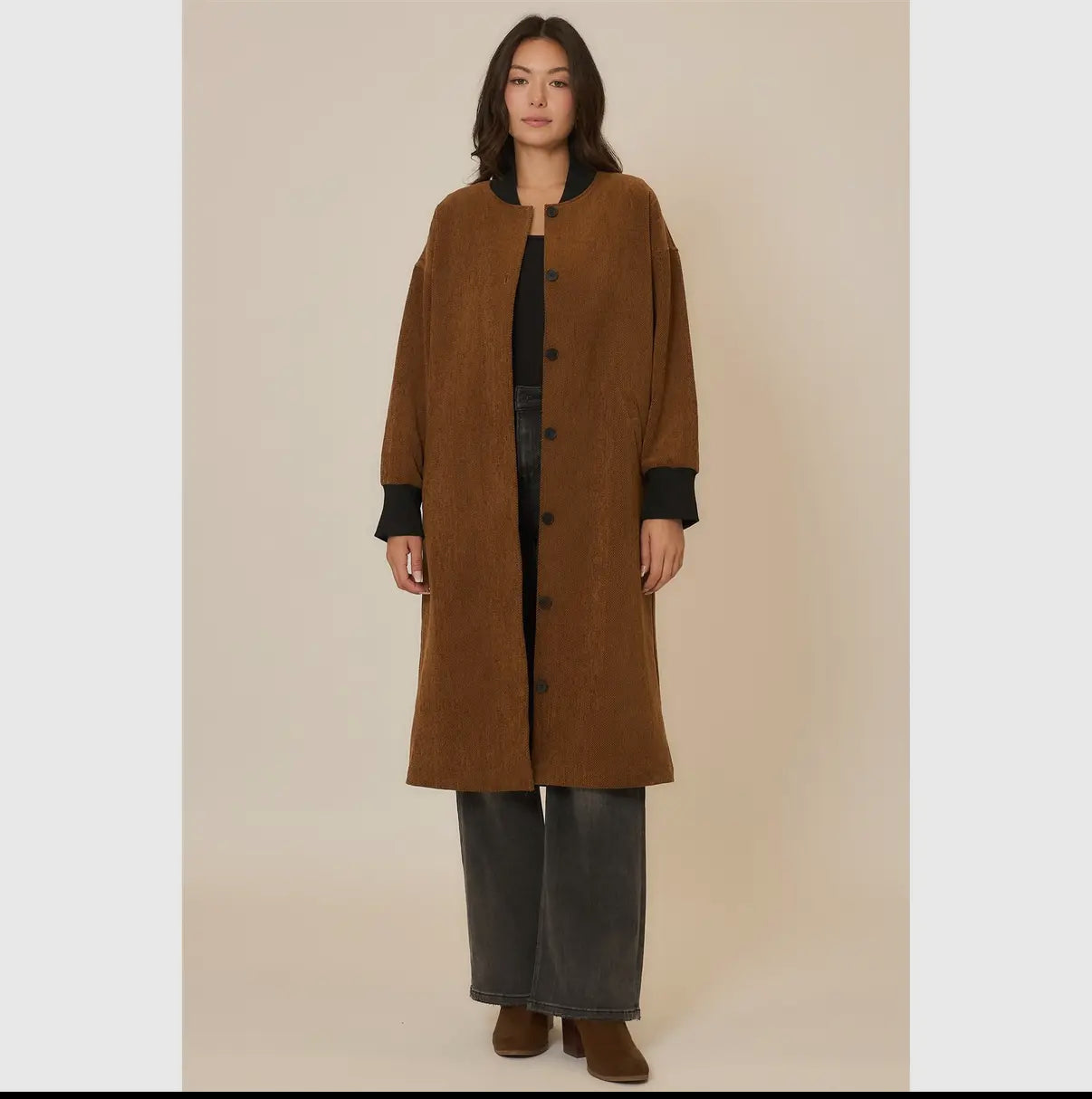 Chicago Corduroy Button Up Long Coat with Contrast Collar