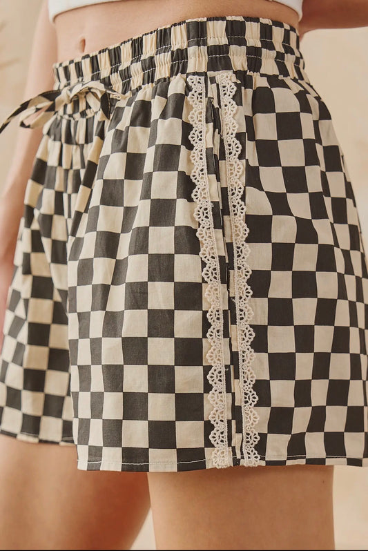 Start your Engines 100% Cotton Checkered Shorts with Lace