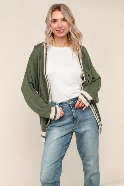 Seattle Olive Button Down Relaxed Boyfriend Cardigan