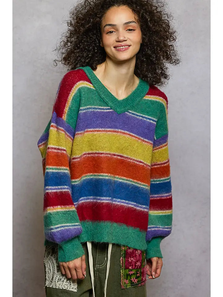 Ribbon Candy Wool Blend Oversized Colorful Stripe Sweater
