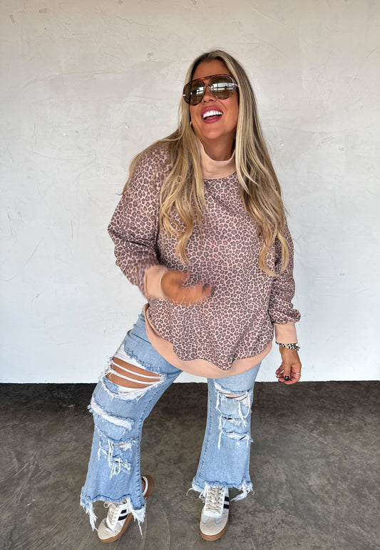 Miller Cheetah Print Cotton Blend Mock Neck Pullover