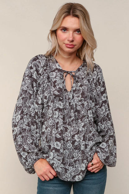 Night Flower V Neck Peasant Blouse with Front Tie