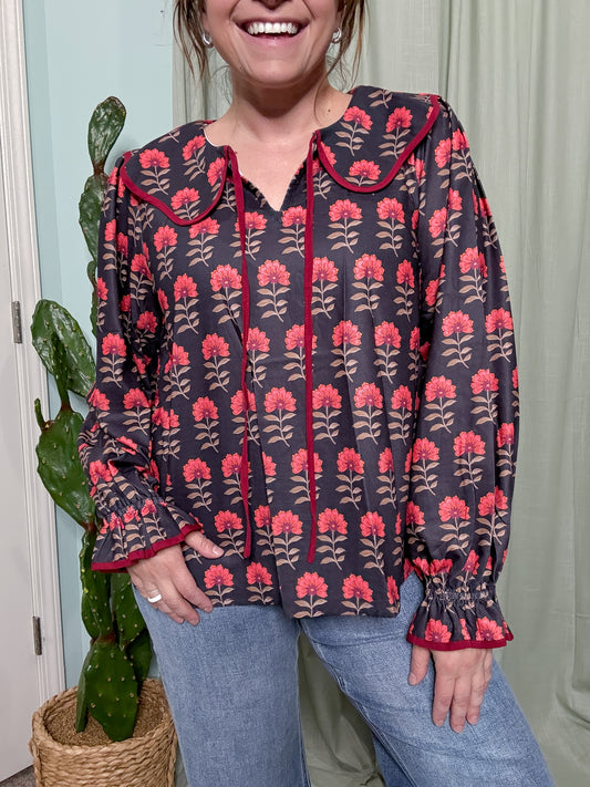 Retro Blooms Tie Collar Long Sleeve Blouse
