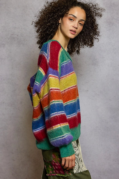 Ribbon Candy Wool Blend Oversized Colorful Stripe Sweater