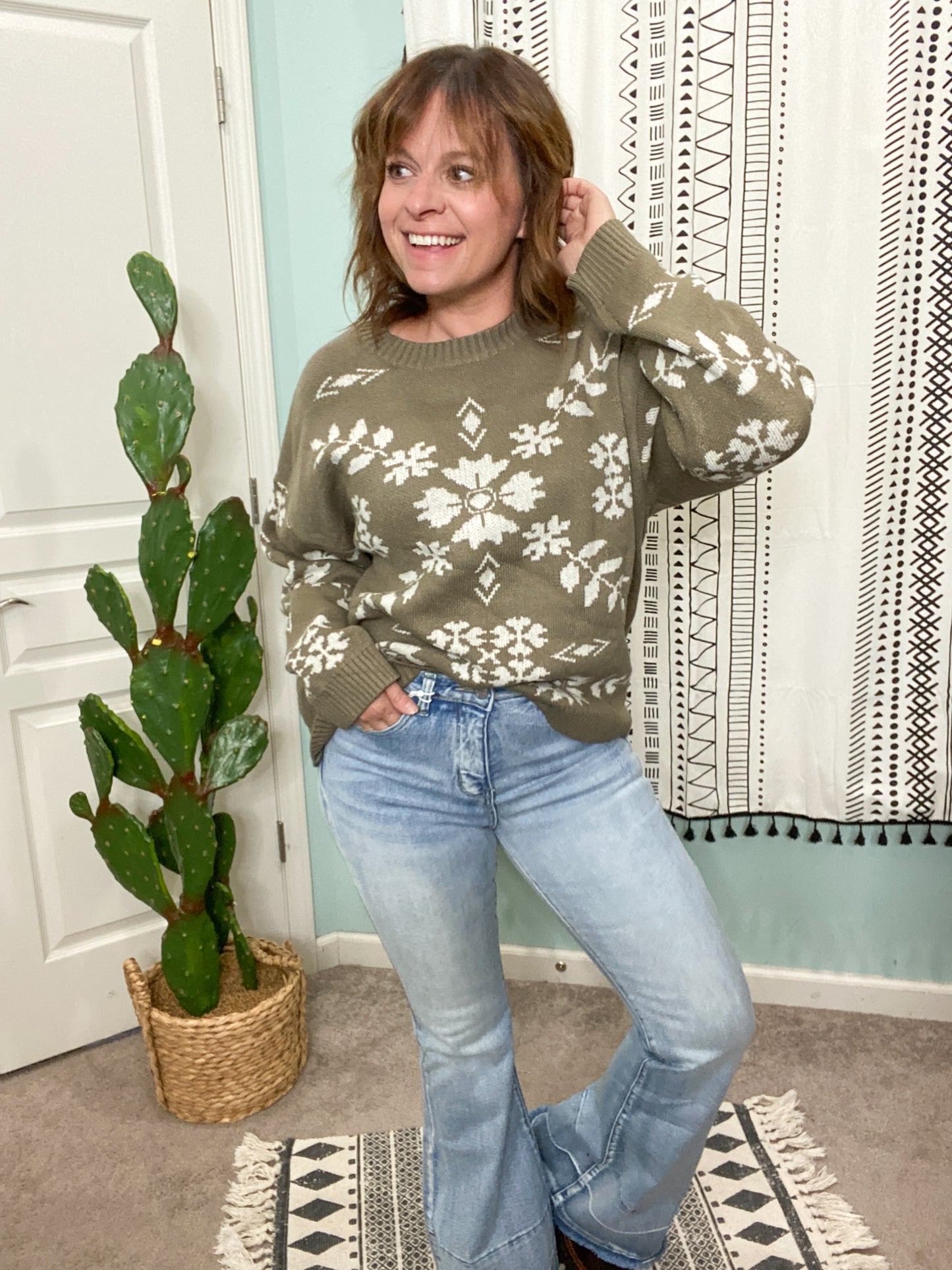 Ana Olive Floral Woven Sweater