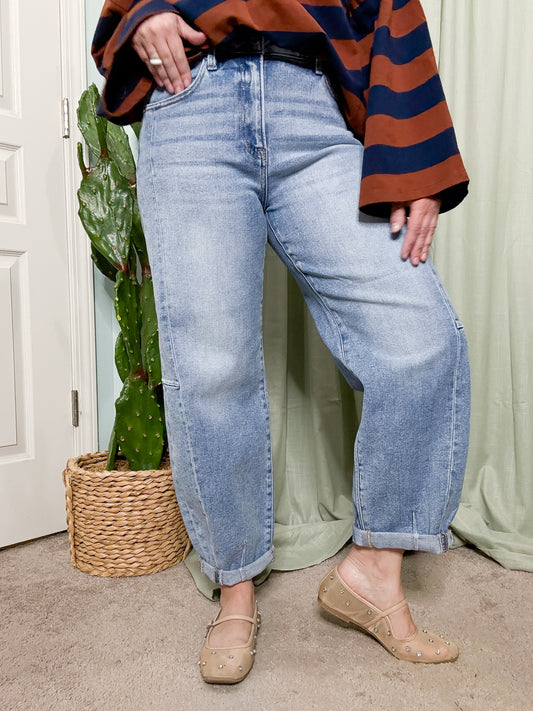 RISEN Denim Mid Rise Light Wash Barrel Jeans